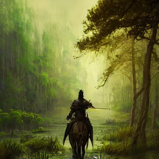 Image similar to A knight treking across a swamp with a caste in the background, green color scheme with hints of red and yellow, digital art, artstation, dramatic lighting, intricate, wild, highly detailed, digital painting, artstation, concept art, smooth, sharp focus, illustration, art by artgerm and greg rutkowski.