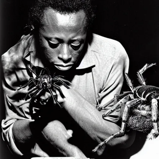 Image similar to miles davis petting a giant hairy spider with big eyes