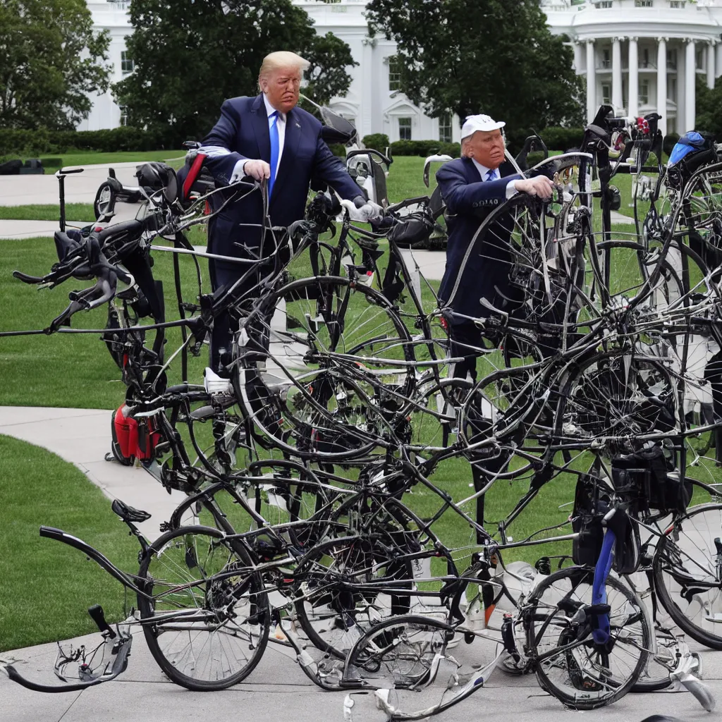 Image similar to trump repairs a bicycle outside the white house