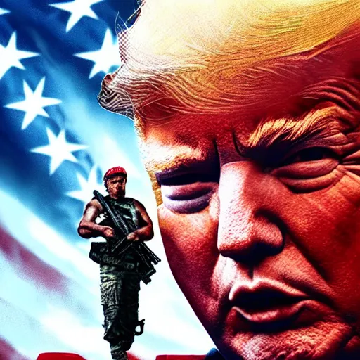 Prompt: trump as rambo, movie poster, digital art, high - detailed, 4 k, artstation, hyper - realistic, by drew struzan