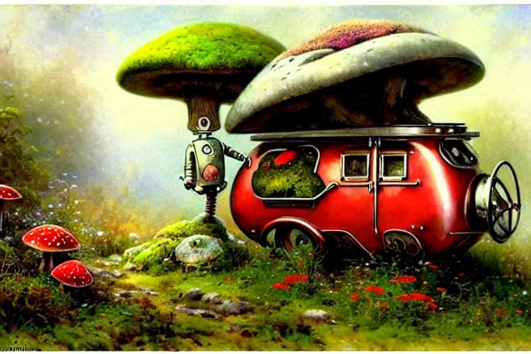 Image similar to adventurer ( ( ( ( ( 1 9 5 0 s retro future robot android mouse wagon in forrest of giant mushrooms, moss and flowers stone bridge. muted colors. ) ) ) ) ) by jean baptiste monge!!!!!!!!!!!!!!!!!!!!!!!!! chrome red