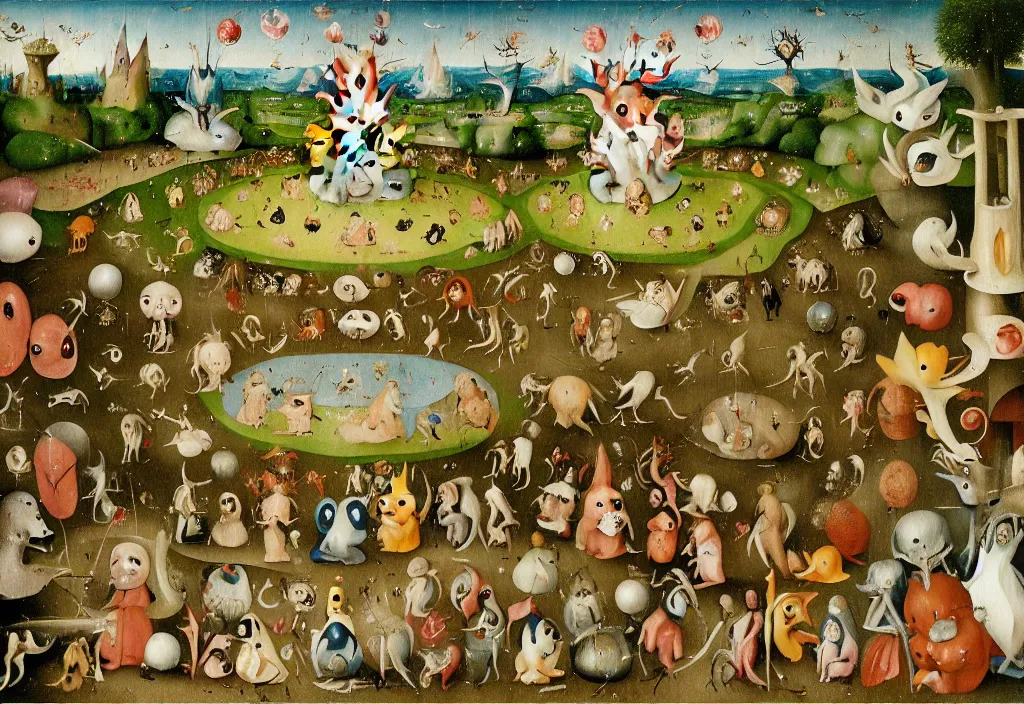 Image similar to hieronymus bosch painting of the garden of pokemon delights
