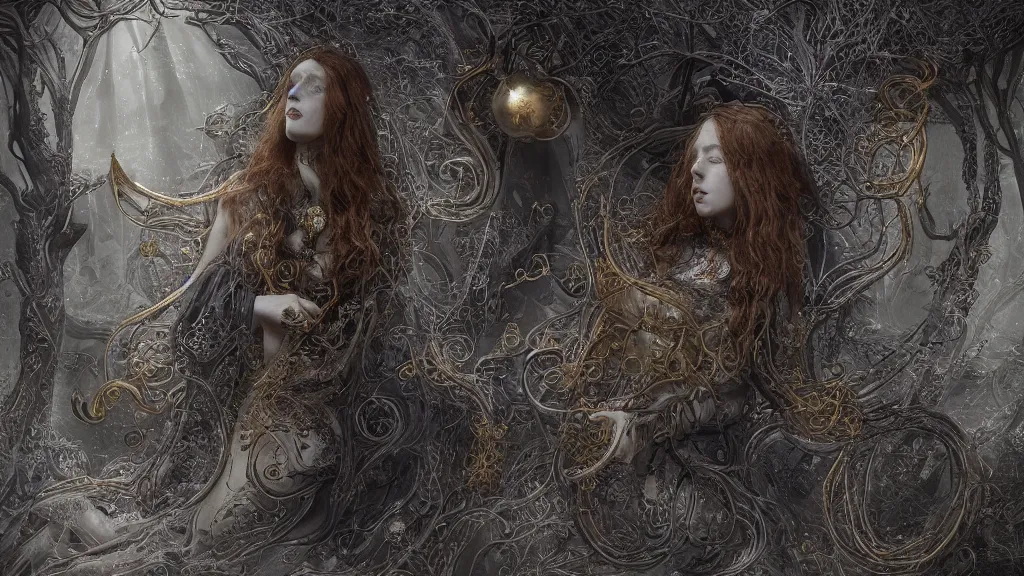 Image similar to whimsically designed pre-raphaelite dark cloaked divine missionary, symmetrical , before an orb of blue light, gold, rococo details, octane render, 4k post processing is very detailed, moody lighting, Maya+V-Ray +metal art+ extremely detailed, beautiful, unreal engine, lovecraft, Big Bang cosmology in LSD+IPAK,4K, beatiful art by Lêon François Comerre, ashley wood, craig mullins, ,outer space view, William-Adolphe Bouguereau, Rosette