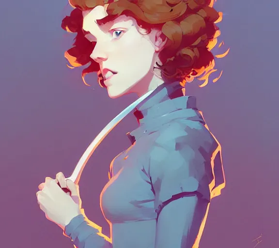 Prompt: portrait woman with short ginger curly hair with a sword, by atey ghailan, by greg rutkowski, by greg tocchini, by james gilleard, by joe fenton, by kaethe butcher, by ashley wood, dynamic lighting, gradient light blue, brown, blonde cream and white color scheme, grunge aesthetic
