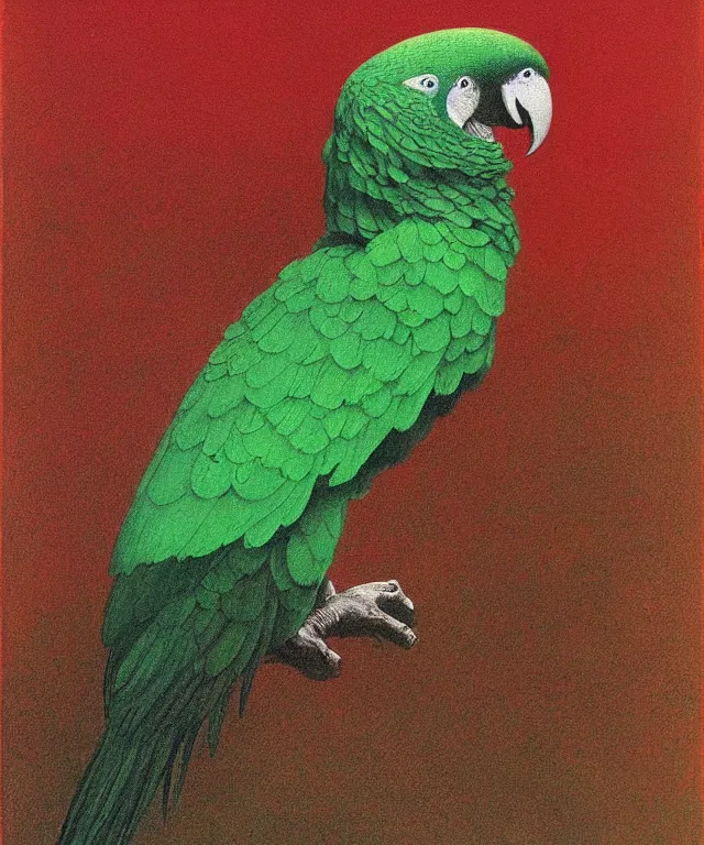 Image similar to beautiful emerald green parrot with red aura and eyes, by zdzisław beksinski, by gustave dore