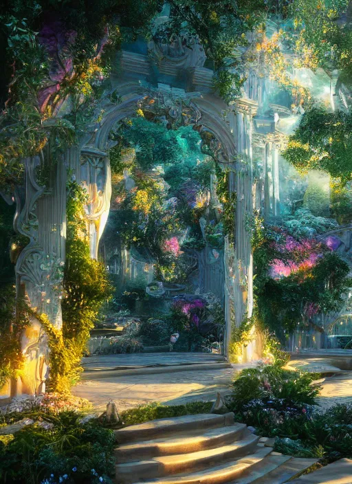 Image similar to beauteous sumptuous, with incredible iridescent pearlescent voluminous fluorescent neon indirect soft glow cinematic lighting, fountain of youth, secret garden, crystalline masterpiece incrustations, hyperdetailed features, movie still, intricate, octane render, cinematic forest lighting, unreal engine, crepuscular rays, god rays