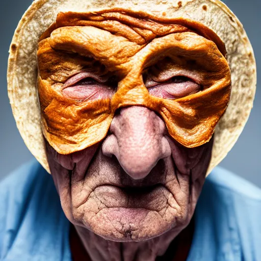 Prompt: an elderly man wearing a mask made from a tortilla, bold natural colors, national geographic photography, masterpiece, 8 k, raw, unedited, symmetrical balance