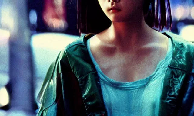 Image similar to full - color cinematic movie still from a 1 9 8 8 live - action adaptation of akira starring japanese actress kanna hashimoto, in neo tokyo. science - fiction ; action ; gritty ; dystopian ; violent ; apocalyptic. detailed facial - features.