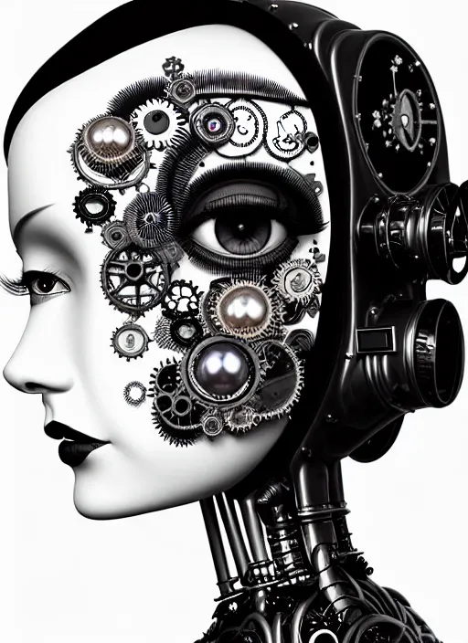 Image similar to 1 9 3 0 black and white gothic masterpiece profile face portrait, one steampunk eye biomechanical beautiful young female cyborg - robot, body meshes, big monocular, volumetric light, hibiscus flowers, by hg giger, rim light, big gothic fashion pearl embroidered collar, 8 k