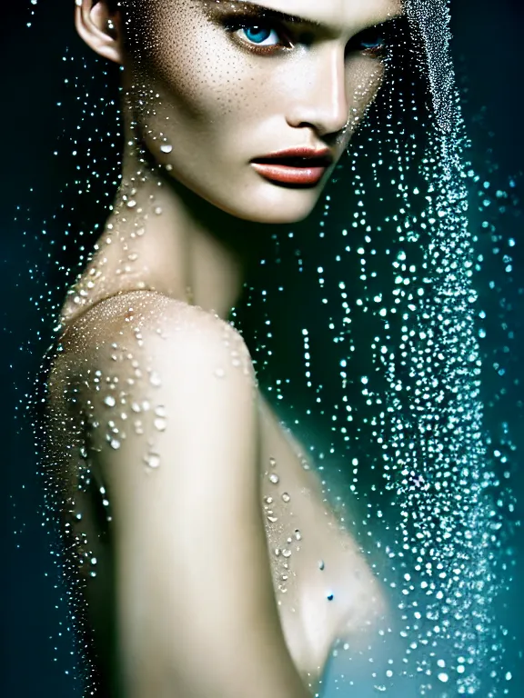 Prompt: fuji pro 4 0 0 h photo of a beautiful woman bianca balti style 3 / 4, hair surrounded by drops of water in style of zhang jingna, 5 0 mm lens, f 1. 2, elegant, highly detailed, sharp focus, head in focus, soft blur light, matt dreamy colours, volumetric lighting, hyper realistic, ultra detailed