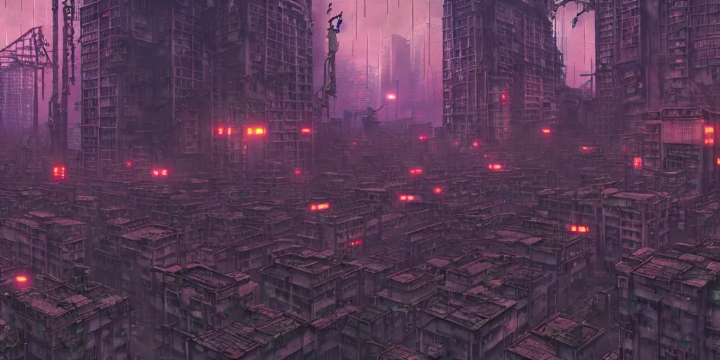 Image similar to twilight lighting, moody, atmospheric, solarpunk, cyberpunk, a render of kowloon walled city, rainy, in the art style of neon genesis : evangelion, 8 0 s anime style, by ghibli studio and victor ngai, ghost in the shell art style, akira artstyle, pixar highly detailed, 8 k h 5 7 6