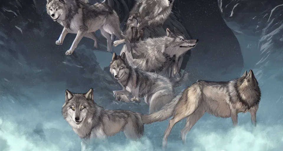 Prompt: wolves and their treasures - astral landscape, trending on artstation, illustration, digital painting, highly detailed render by studio ghibli