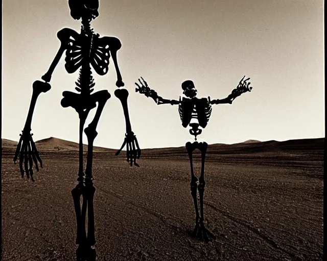 Image similar to by bruce davidson, by andrew boog faithfull redscale photography evocative. a beautiful kinetic sculpture of a skeleton creature, with a long black cape and a revolver standing in front of a desert mesa.