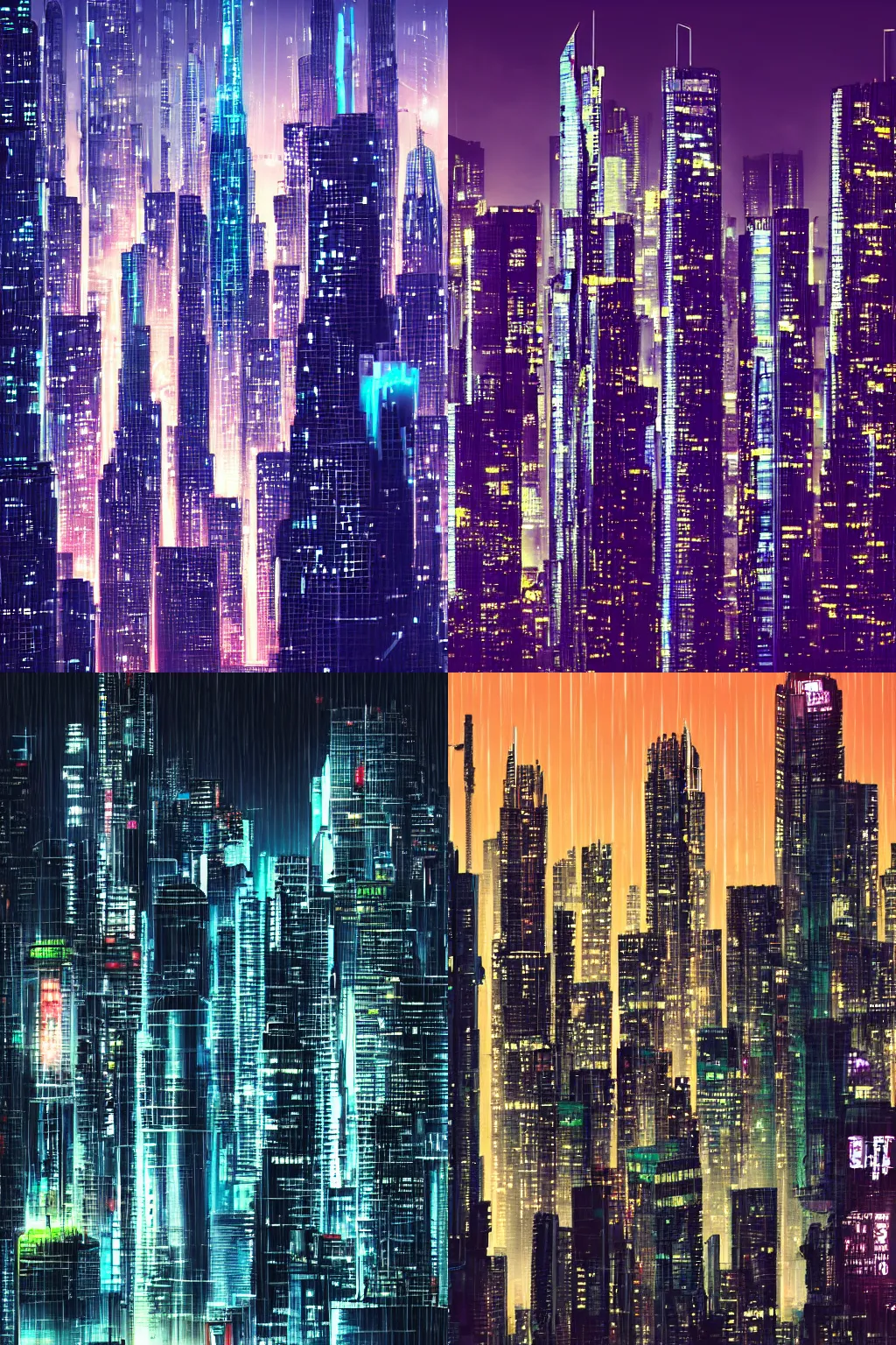 Prompt: cyberpunk cityscape, tall skyscrapers at night, rain