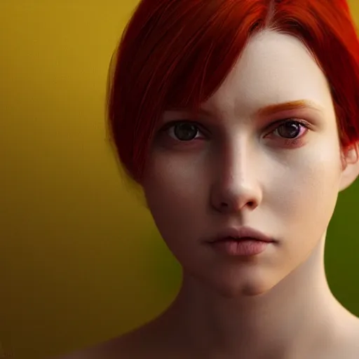 Image similar to girl portrait. red hair, green eyes. intricate artwork. octane render, trending on artstation, very coherent symmetrical artwork. cinematic, hyper realism, high detail, octane render, 8k, matte painting, 3d