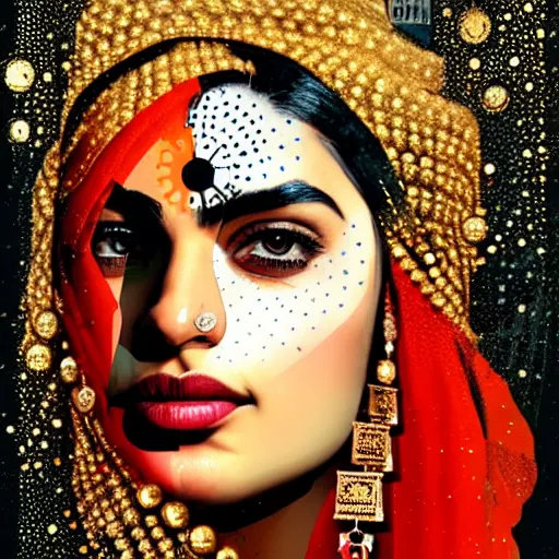 Image similar to portrait of pakistani woman :: side profile :: in ocean :: clockwork details :: gold :: blood and horror :: by vikings and Sandra Chevrier