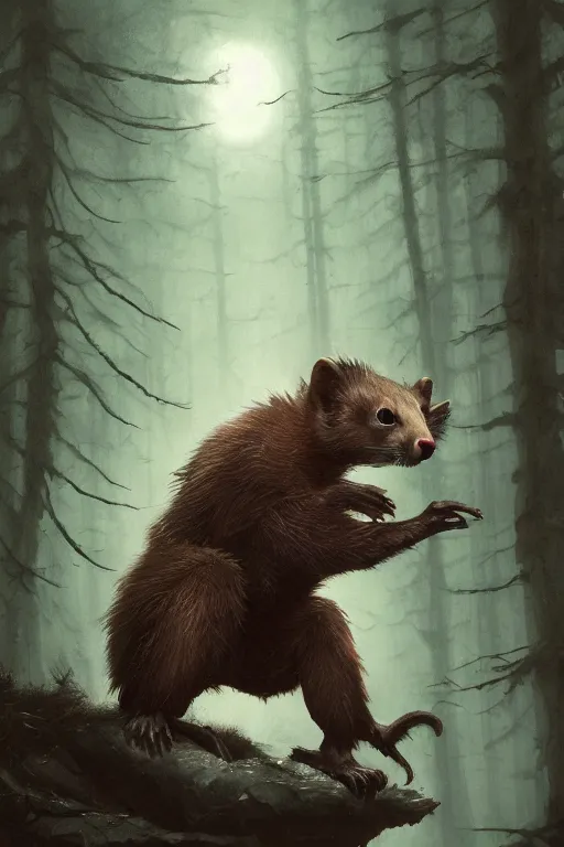 Image similar to anthropomorphic humanoid crouching pine marten monster in a dark moonlit forest, horror, highly detailed, crouching humanoid, human-like, whole body, by Greg Rutkowski, trending on artstation, 4k