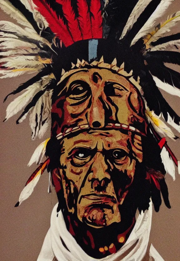 Image similar to close up portrait of zombie Pope Francis wearing a Native American Indian Feathered Headdress War Bonnet, dead redemption, by Kara Walker