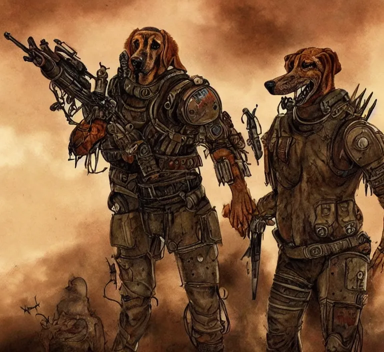 Image similar to a good ol'bloodhound dog fursona ( from the furry fandom ), heavily armed and armored facing down armageddon in a dark and gritty version from the makers of mad max : fury road. witness me.