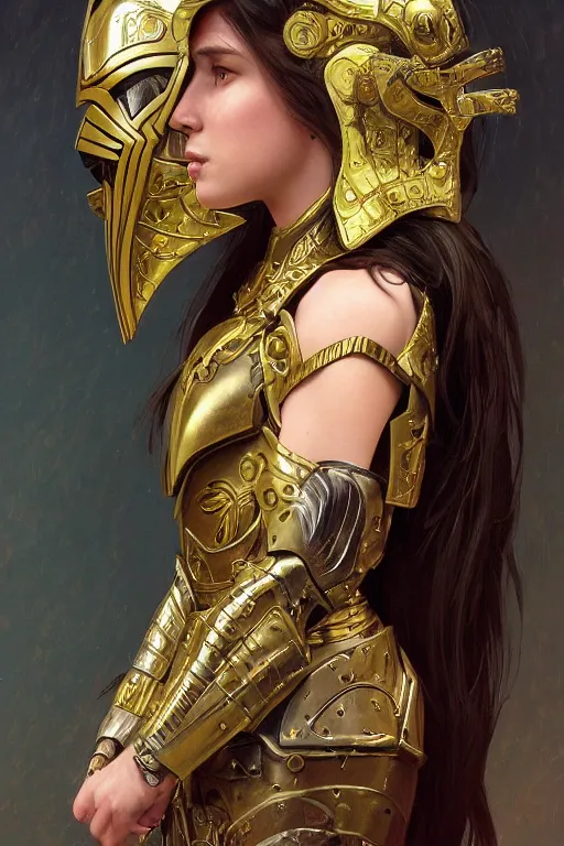Image similar to attractive young girl, ornate metallic helmet, battle armor, olive skin, long dark hair, beautiful bone structure, elegant, highly detailed, digital painting, trending on Artstation, concept art, smooth, sharp focus, illustration, art by Gerald Brom and James Gurney and alphonse mucha