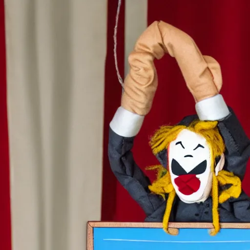 Image similar to puppet show with a puppeteer using a string marionette of a president with clown makeup in a podium