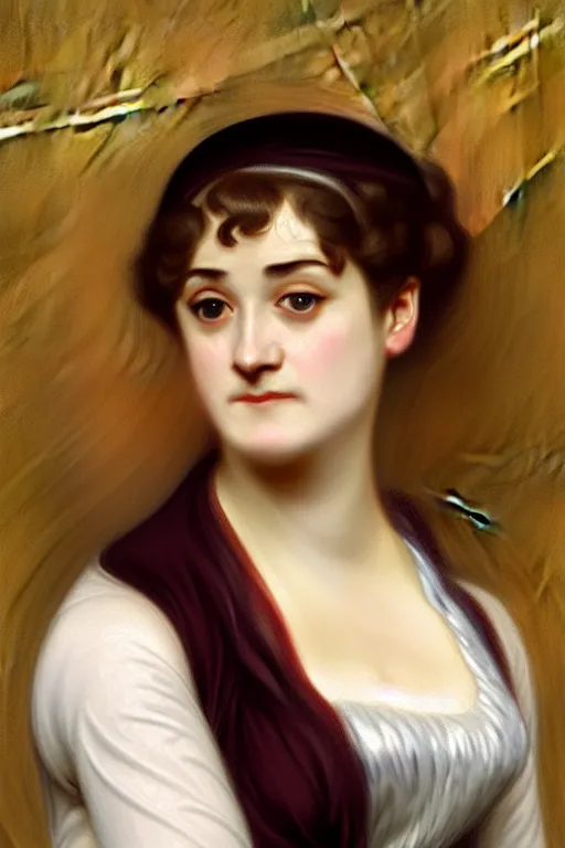 Image similar to jane austen, angry, painting by rossetti bouguereau, detailed art, artstation