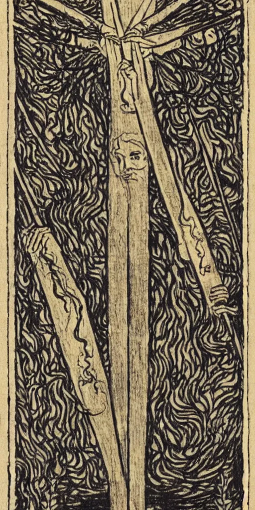 Prompt: five of wands tarot card by austin osman spare