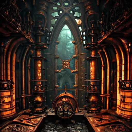 Image similar to steam necropolis, memento mori, gothic, neo - gothic, art nouveau, hyperdetailed copper patina medieval icon, stefan morrell, philippe druillet, ralph mcquarrie, concept art, steampunk, unreal engine, detailed intricate environment, octane render, moody atmospherics, volumetric lighting, ultrasharp, ominous, otherworldly