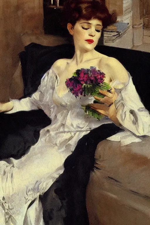 Image similar to european woman in a gown relaxing on couch, bloom flowers, modern, eclectic, illustration, by ramon casas