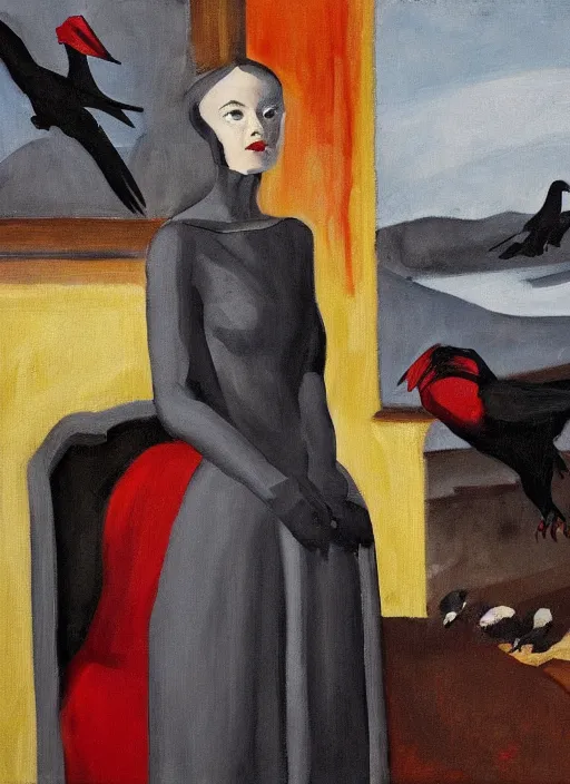 Image similar to a painting of AnnaSophia Robb, frozen cold stare, blood red background, transparent gray dress, crows as a symbol of death, in style of Edward Hopper, John Singer Sargant, Chaim Soutine, surrealism of Francis Bacon, American Gothic, 8k, ultradetailed