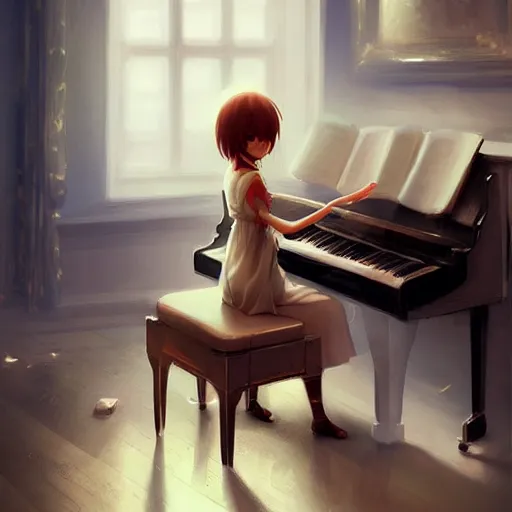 Image similar to anime girl Playing the Piano instrument , digital Art, Greg rutkowski, Trending cinematographic artstation