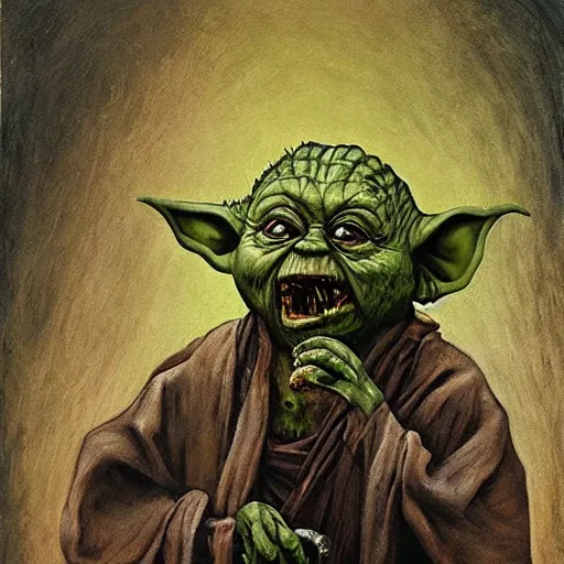 Prompt: zombie yoda, yoda as a zombie, hieronymus bosch, zombified, scary, oil painting