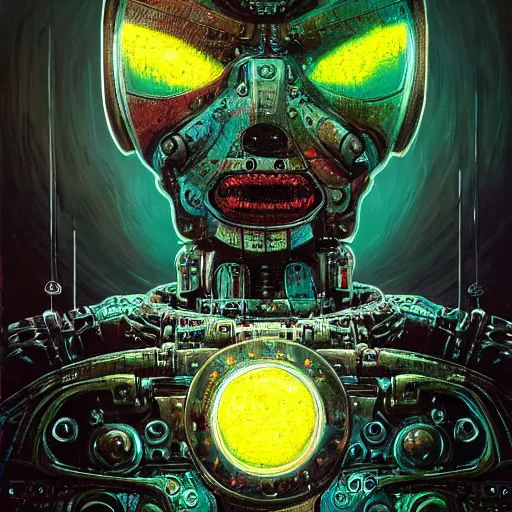 Image similar to low angle shot of a t A Robot With its head missing, gushing out oil from the hole, walking towards the viewer, neon color scheme, by Clive Barker , intricate, elegant, highly detailed, centered, digital painting, artstation, concept art, smooth, sharp focus, illustration, artgerm, Tomasz Alen Kopera, Peter Mohrbacher donato giancola, Joseph Christian Leyendecker, WLOP, Boris Vallejo.