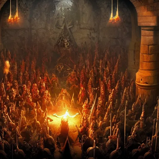 Image similar to satanists Minions in masonic lodge during a medieval battle, warcraft style, realistic 4k octane beautifully detailed render, 4k post-processing, highly detailed, intricate complexity, epic composition, magical atmosphere, cinematic lighting, masterpiece, ultra hd