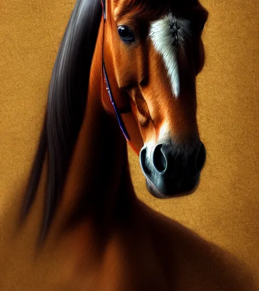 Image similar to portrait of a horse sitting upon a table with heightened detail, poised, intense emotion, detailed facial expression, detailed surroundings, intricate, elegant, highly detailed, centered, digital painting, artstation, concept art, smooth, sharp focus, illustration, by ( leonardo da vinci ), wlop