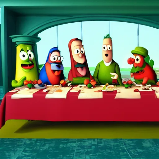 Image similar to veggietales characters last supper, 4k