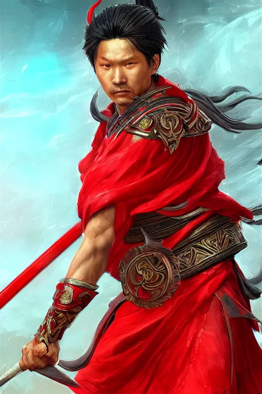 Image similar to a masterpiece portrait of nezha, red cloth around his shoulders, hold spear, cinematic, fantasy character portrait, highly detailed, by ne zha ( 2 0 1 9 ), fenghua zhong,