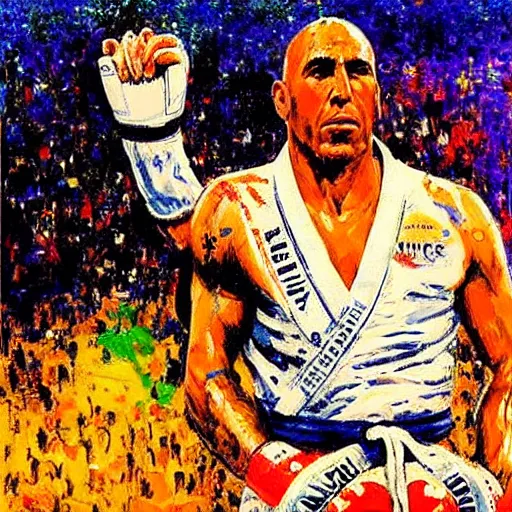 Image similar to royce gracie by leroy neiman, intricate, ultra detailed painting, atmospheric lighting, golden hour