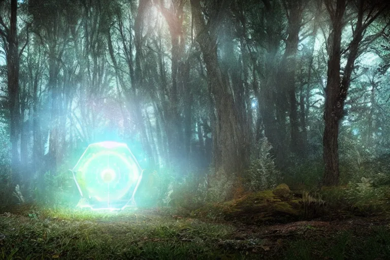 Prompt: A cosmic portal inside an enchanted forest. Cinematic lighting. Photorealism.