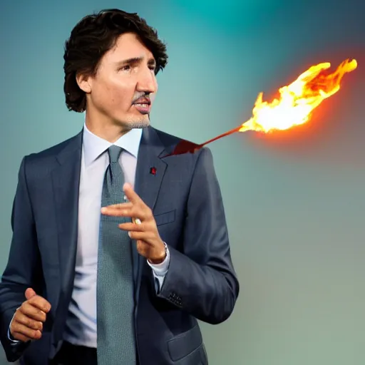 Prompt: a still of Justin Trudeau breathing fire at Obama . He's wearing a suit, dark. Studio lighting, shallow depth of field. Professional photography City at night in background, lights, colors,4K