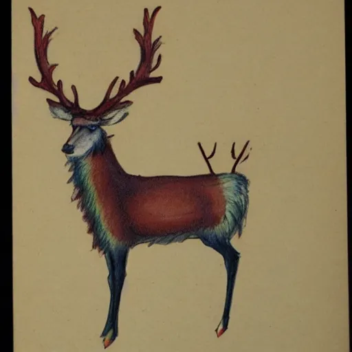 Prompt: professional vintage colored sketch of a fuzzy creature with antlers with full descriptions, on parchment, 8K, HD