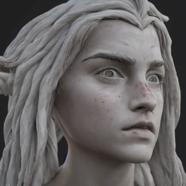 Image similar to marble sculpture of emma watson as an elf warrior, realistic, unreal engine render, octane render, hyper realistic, photo, 8 k, cinematic lighting