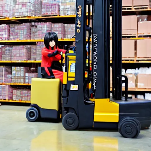 Image similar to a person cosplaying homura akemi operating a forklift