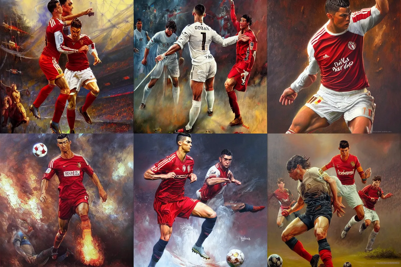 Prompt: Beautiful oil painting depicting Cristiano Ronaldo Spartak Football Club Lucas Graziano, Frank Frazetta, Greg Rutkovsky, Boris Vallejo, epic fantasy portrayal of characters, exquisite details, post-processing, low angle, masterpiece, cinematic