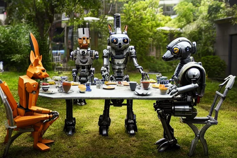 Image similar to film still from the movie chappie of the robot chappie shiny metal outdoor park plants garden scene bokeh depth of field several figures sitting down at a table having a tea party furry anthro anthropomorphic stylized cat ears wolf muzzle head android service droid robot machine fursona