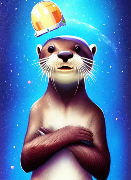 Image similar to a portrait of a cute otter with a space helmet, swimming through a beautiful galaxy!!!, detailed, artstation, art by miyazaki and rhads