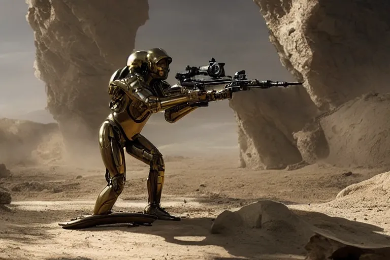 Image similar to vfx movie, sci - fi super soldier in worn military futuristic armor, gold visor, leaping with futuristic rifle in alien technology temple, by emmanuel lubezki