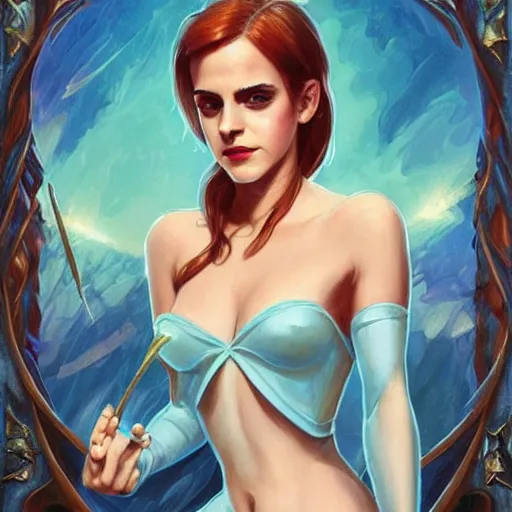 Prompt: emma watson as jessica rabbit, wand with crackling blue lightning, fantasy, intricate, elegant, highly detailed, digital painting, artstation, concept art, matte, sharp focus, illustration, in the style of magic the gathering, art by artgerm and greg rutkowski and alphonse mucha