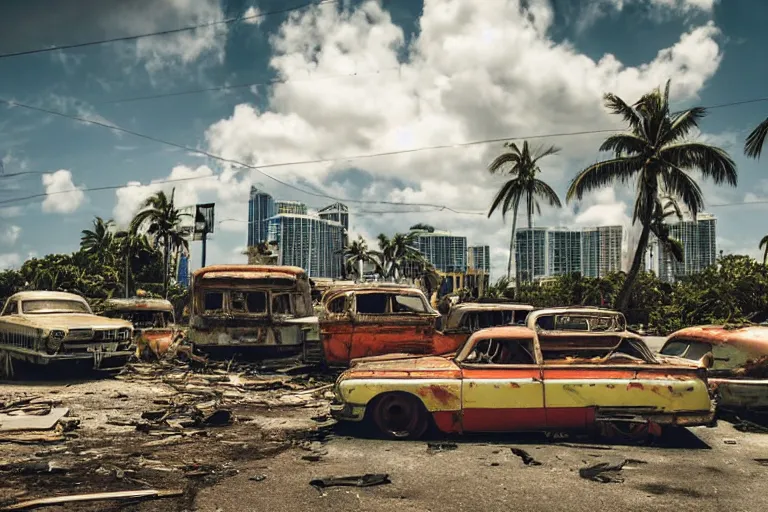 Prompt: low wide angle shot of dilapidated fallout 5 miami, tropical coastal city, desolate, dilapidated neon signs, few rusted retro futuristic vintage parked vehicles like cars, buses, trucks, trams, sunny weather, few clouds, volumetric lighting, photorealistic, daytime, spring, sharp focus, ultra detailed, 4 0 0 0 k