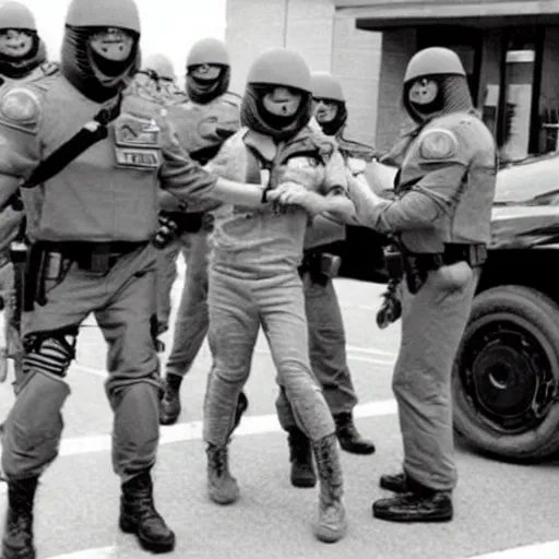 Image similar to extraterrestrial zeta reticulan grey alien, being arrested by spetsnaz